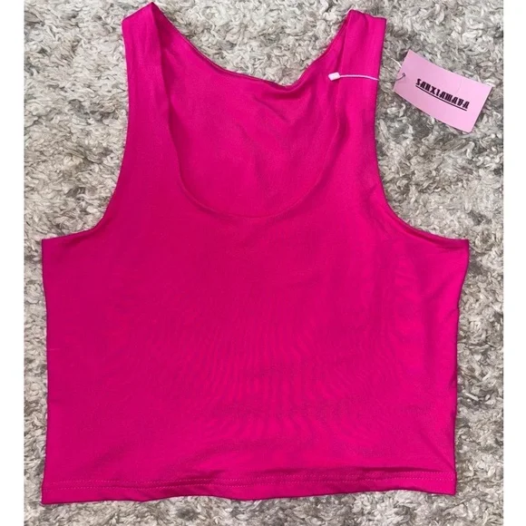 NWT Women’s XL Hot Pink Cropped Top Sleeveless Trendy Y2K Streetwear - Samiamaba - Picture 2 of 9